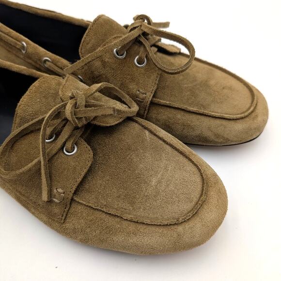 Vince Marin Round Toe Boat Loafer Women's Olivewood Suede Size US7M EU37 - Picture 9 of 14